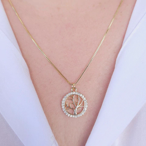 Colar árvore da vida cravejada com zircônia cristal banho ouro hipoalergênico Cód: C145 - comprar online