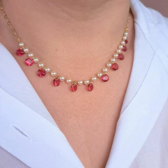 Colar zircônia rubelita com pérolas banho ouro hipoalergênico Cód: C135