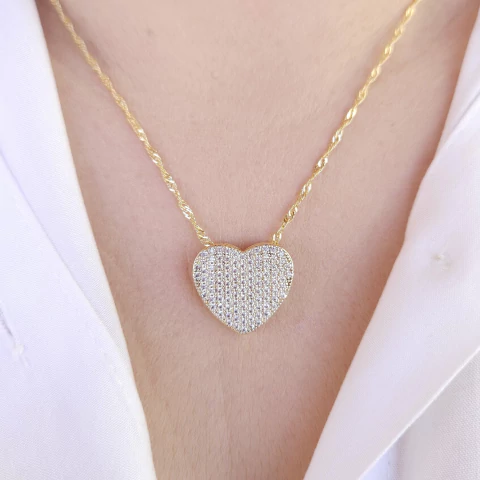 Colar coração cravejado banho ouro hipoalergênico Cód: C117