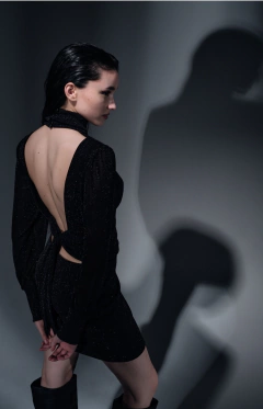 Vestido Shinny cuello alto manga larga, espalda descubierta en internet