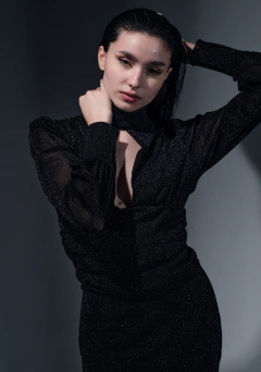 Vestido Shinny cuello alto manga larga, espalda descubierta - GARAGE 3117