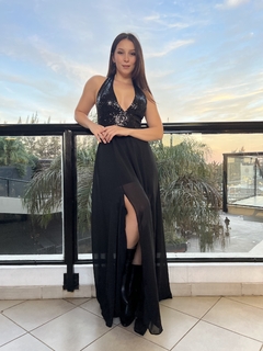 Vestido Aura gasa escote americano busto de paillette