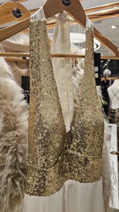 Vestido Aura gasa escote americano busto de paillette en internet