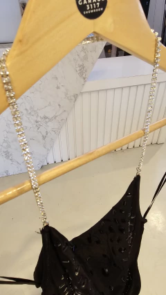 Vestido Nora escote buche bretel strass y bordadocon piedras adelante elastizado importado - tienda online