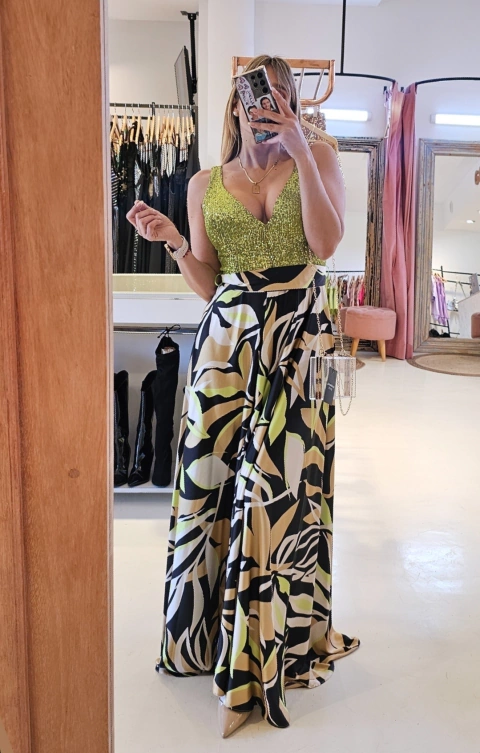 Vestido Giuli bustier lentejuelas y falda de satén con lazo