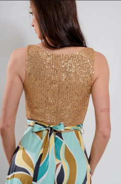 Vestido Giuli bustier lentejuelas y falda de satén con lazo en internet