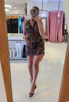 Vestido Bohona estampado con escote buche y volado en falda - tienda online