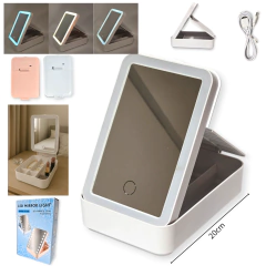 ESPEJO DE MAQUILLJAE CON LUZ RECTANGULAR PORTA BIJOU 2 COLORES 3 INTENSIDADES DE LUZ 20X14CM - comprar online