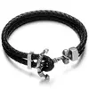 Pulseira masculina de couro e aço inoxidável com design de âncora.