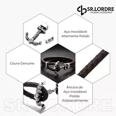 Pulseira masculina de couro e aço inoxidável com âncora, destacando design moderno e materiais de alta qualidade.