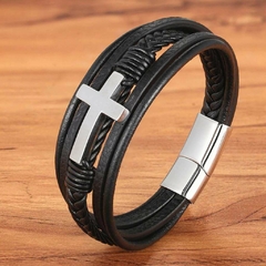 Pulseira Masculina Crucifixo Couro e Aço Inox Premium na internet
