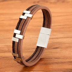 Pulseira Masculina Noroega de Couro e Aço Inoxidável