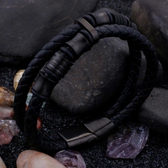 Pulseira Masculina de Couro Duplo e Aço Inoxidável - comprar online