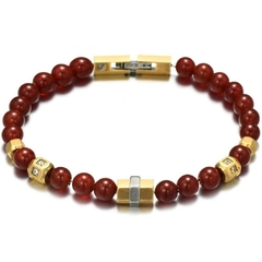 Pulseira Masculina Pedra Natural Ágata Vermelha Luxo