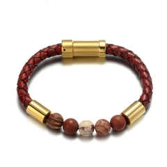 Pulseira Masculina Elegrand de Couro Legitimo e Aço Inox Luxo