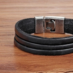 Pulseira Masculina Couro Estilo Clássico 3 Vias