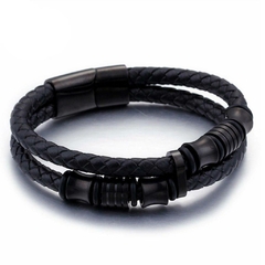 Pulseira Masculina de Couro Duplo e Aço Inoxidável
