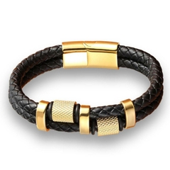 Pulseira Masculina Space de Couro e Aço Inox Premium