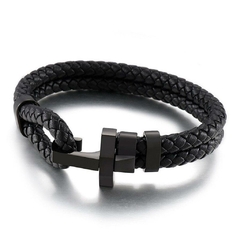 Pulseira Masculina Dupla Trançada Cruz de Couro e Aço Inox - comprar online