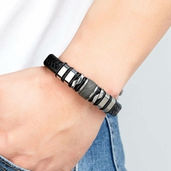 Imagem do Pulseira Masculina Raros de Couro e Aço Inoxidável Fecho Magnético
