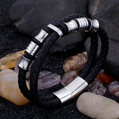 Pulseira Masculina de Couro Duplo e Aço Inoxidável