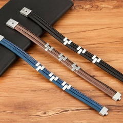 Pulseira Masculina Noroega de Couro e Aço Inoxidável na internet