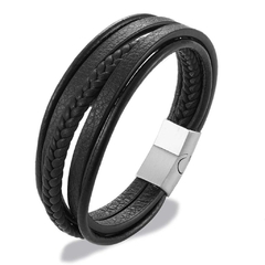 Imagem do Pulseira Masculina Multi de Couro Fecho Aço Inoxidável