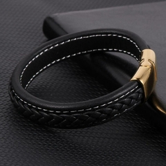 Imagem do Pulseira Masculina Luxo de Couro e Fecho de Aço Inox