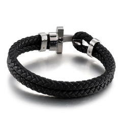 Pulseira Masculina Dupla Trançada Cruz de Couro e Aço Inox - Pulseiras e Acessórios Masculino | Sr Lordre