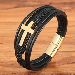 Pulseira Masculina Crucifixo Couro e Aço Inox Premium - loja online