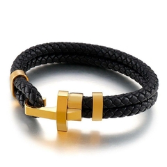 Imagem do Pulseira Masculina Dupla Trançada Cruz de Couro e Aço Inox