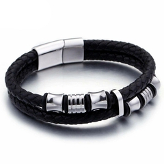 Pulseira Masculina de Couro Duplo e Aço Inoxidável - loja online