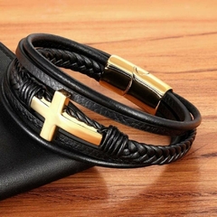 Pulseira Masculina Crucifixo Couro e Aço Inox Premium - Pulseiras e Acessórios Masculino | Sr Lordre