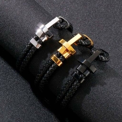 Pulseira Masculina Dupla Trançada Cruz de Couro e Aço Inox - loja online