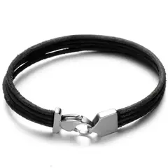 Pulseira masculina de fitas de couro genuíno com fecho lagosta em aço inoxidável.