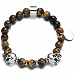 Pulseira Masculina Olho de Tigre Caveira de Pedra Natural e Aço Inox 8mm - comprar online