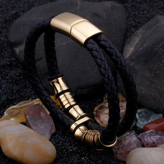 Pulseira Masculina de Couro Duplo e Aço Inoxidável - loja online