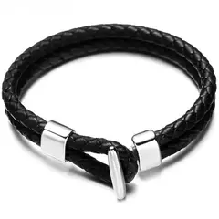 Pulseira Masculina Couro Legitimo Duplo Trançado e Aço Inox - comprar online
