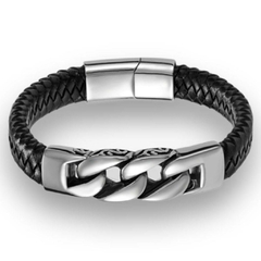 Pulseira Masculina Corrente de Couro e Aço Inoxidável Fecho Magnético