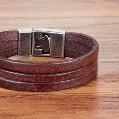 Imagem do Pulseira Masculina Couro Estilo Clássico 3 Vias