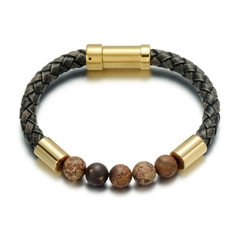 Imagem do Pulseira Masculina Elegrand de Couro Legitimo e Aço Inox Luxo