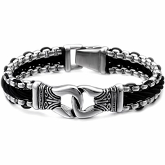 BRACELETE E AÇO INOX E COURO TRANÇADO