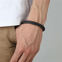 Pulseira Masculina Neltral de Couro e Aço Inoxidável Fecho Ajustável - loja online