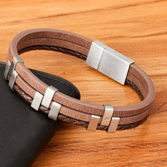 Pulseira Masculina Noroega de Couro e Aço Inoxidável - comprar online