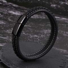 Pulseira Masculina Luxo de Couro e Fecho de Aço Inox