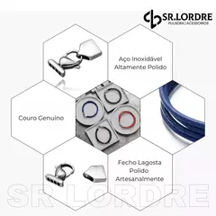 Imagem mostrando detalhes da Pulseira Masculina com fitas de couro genuíno e fecho lagosta em aço inoxidável.
