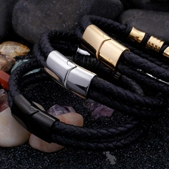 Pulseira Masculina de Couro Duplo e Aço Inoxidável - comprar online