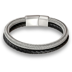Pulseira Masculina de Couro e Fio de Aço Inoxidável Fecho Magnético