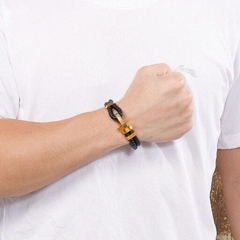 Pulseira Masculina Dupla Trançada Cruz de Couro e Aço Inox - Pulseiras e Acessórios Masculino | Sr Lordre
