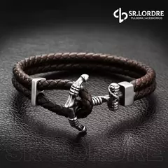 Pulseira masculina de couro e aço inoxidável com design de âncora, em tonalidade marrom.
